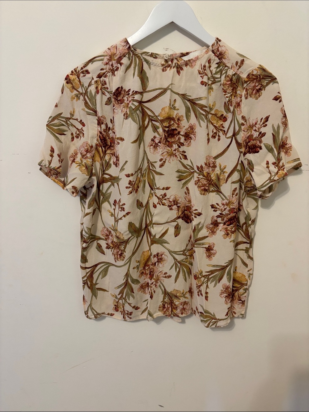 H&M Cream Floral Short Sleeve Blouse with Olive and Brown Print